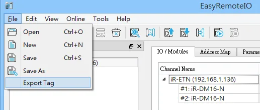 EasyRemoteIO File menu with Export Tag option highlighted, showing iR-ETN device in the IO / Modules panel.