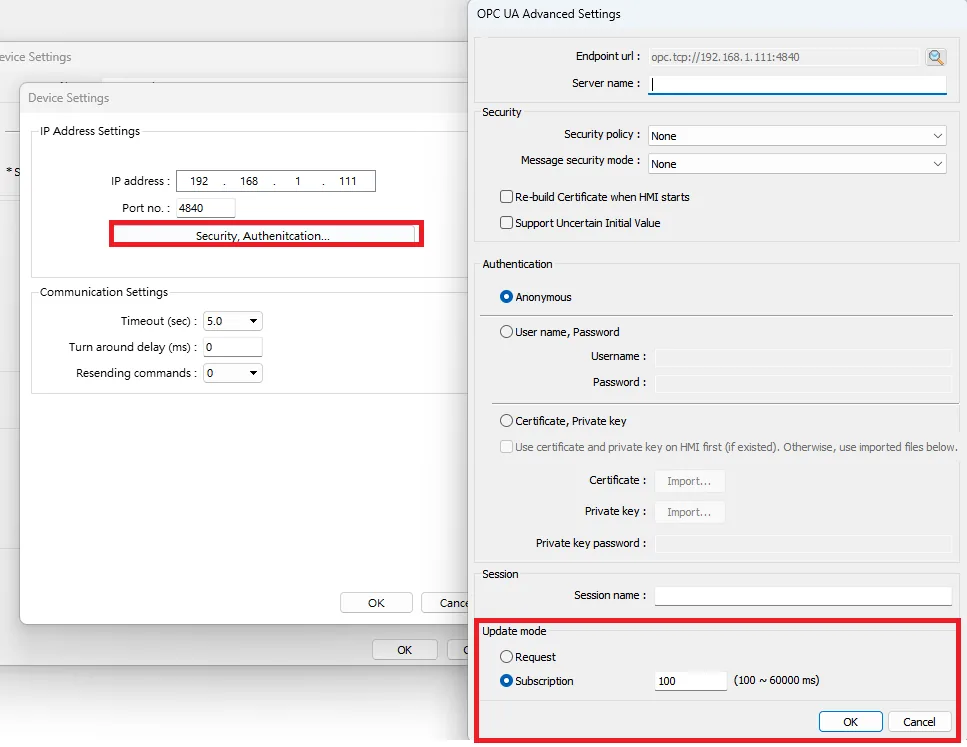 EBPro (EasyBuilder Pro) Device Settings and OPC UA Advanced Settings dialogs showing IP address, port, security policy, authentication mode, and Update Mode set to Subscription.