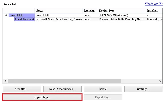 EBPro System Parameters Device List EasyBuilderPro System Parameter Settings device list showing Rockwell Micro850 Free Tag Names device with Import Tags button highlighted.