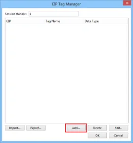 EIP Tag Manager dialog with Session Handle set to 1 and the Add button highlighted at the bottom.