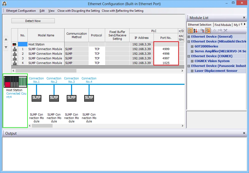 Ethernet Configuration window showing four SLMP Connection Modules assigned port numbers 4999, 4998, 4997, and 1025 for simultaneous HMI connections.