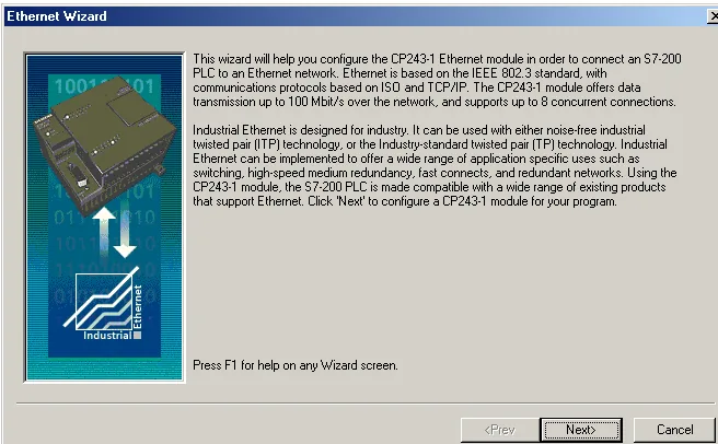 Ethernet Wizard Welcome Screen Ethernet Wizard welcome screen describing the CP243-1 module's capabilities for connecting an S7-200 PLC to an Ethernet network.