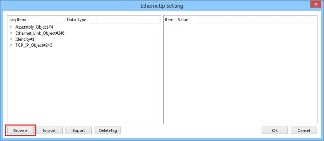 EthernetIp Setting dialog showing the Tag Item tree with Assembly_Object#4, Ethernet_Link_Object#246, Identity#1, and TCP_IP_Object#245, with the Browse button highlighted.