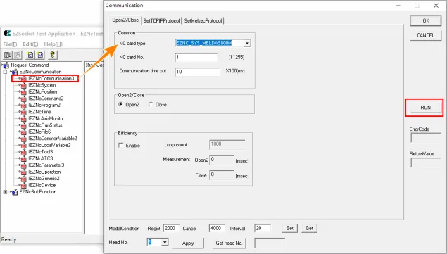 EZSocket Set TCP/IP Protocol dialog showing NC card type FZNc.SYS.MELDASB0M with MELSOFT Connection protocol settings.