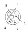 5-pin Mini-DIN Male connector diagram viewed from the soldering point, with pins numbered 1 through 5.