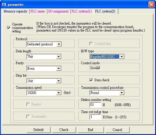 GX Developer FX parameter PLC system tab showing H/W type set to RS-232C with dedicated protocol, 7-bit, Even parity, 1 stop bit at 19200 bps.