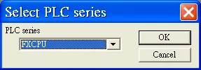 Select PLC Series FXCPU Select PLC series dialog with FXCPU selected in the dropdown.