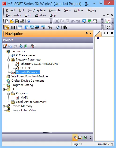 GX Works2 Navigation panel showing the project tree with Remote Password selected under Network Parameter.