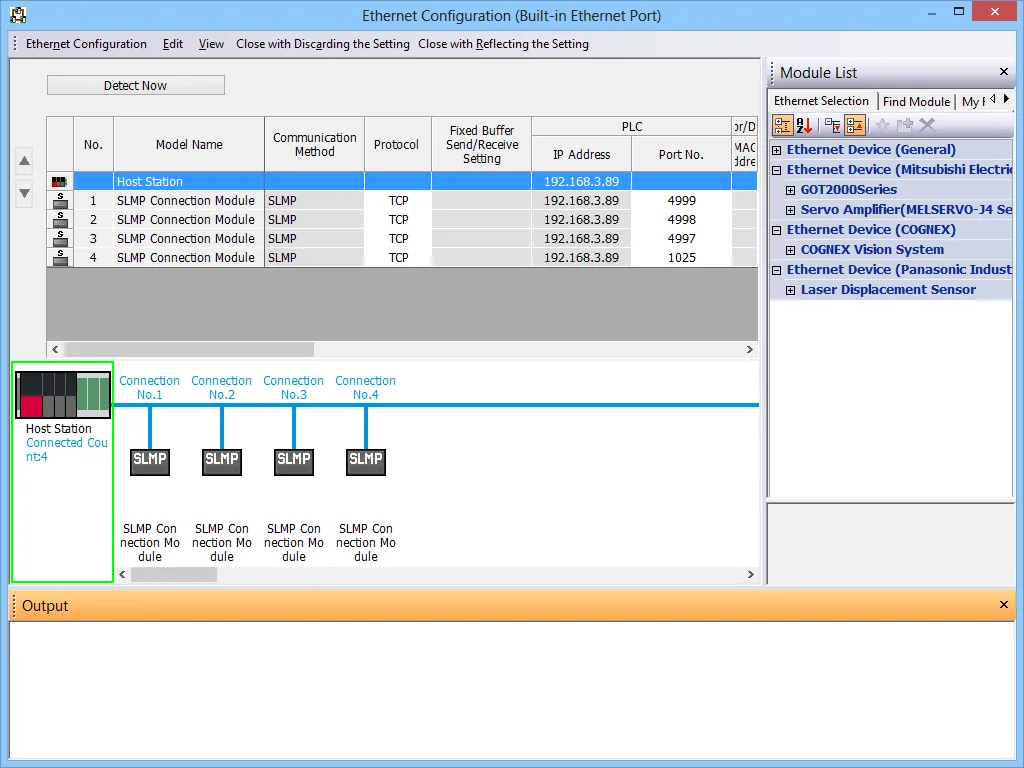 GX Works3 Ethernet Configuration window showing four SLMP Connection Modules with TCP protocol assigned to IP address 192.168.3.89 on port numbers 4999, 4998, 4997, and 1025.