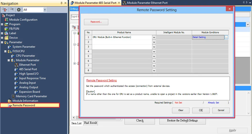 GX Works3 navigation tree with Remote Password selected, and the Remote Password Setting dialog open showing CPU Module (Built-in Ethernet Function) in row 1 with Detail Setting highlighted.