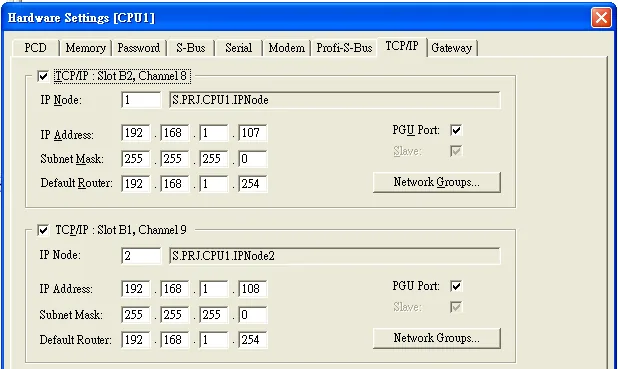 Hardware Settings dialog TCP/IP tab showing IP address 192.168.1.107, subnet mask 255.255.255.0, and default router 192.168.1.254 for two TCP/IP slots.