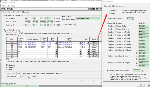 HMI Transmission Parameters and Detail Setting panel showing connection parameters table with CNO entries using Extended MEMOBUS protocol, and Automatically Reception configuration fields.