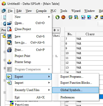 Delta ISPSoft File menu open with Export submenu expanded, highlighting the Global Symbols export option.
