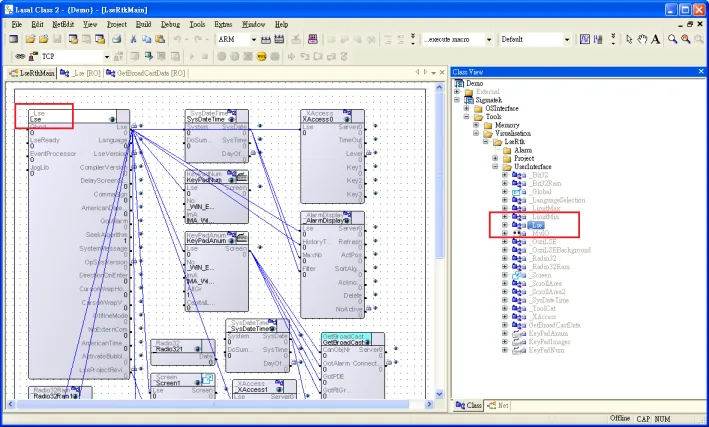LASAL Class 2 with Class View tab active, showing the expanded Demo project tree and an object in the editing area.