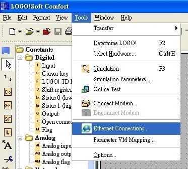 LOGO! Soft Comfort Tools Menu LOGO! Soft Comfort Tools menu open with Ethernet Connections option highlighted.