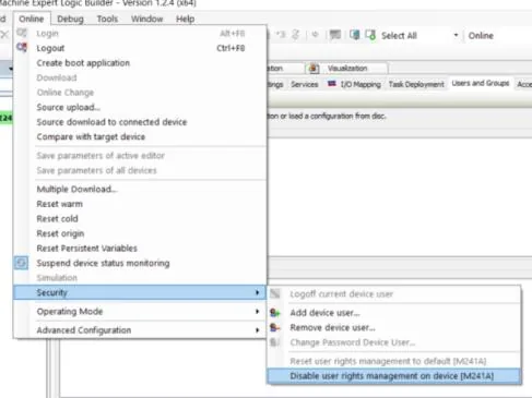 Machine Expert Logic Builder Online menu expanded to Security submenu with Disable user rights management on device highlighted.