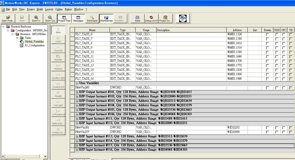 MotionWorks IEC Global Variables EIP MotionWorks IEC Express Global Variables panel listing E/IP Output Instance and E/IP Input Instance entries with address ranges such as %QB21488–%QB21615.
