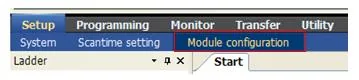 MPE720 Module Configuration Menu MPE720 Setup menu bar with Module configuration highlighted under the Setup tab.
