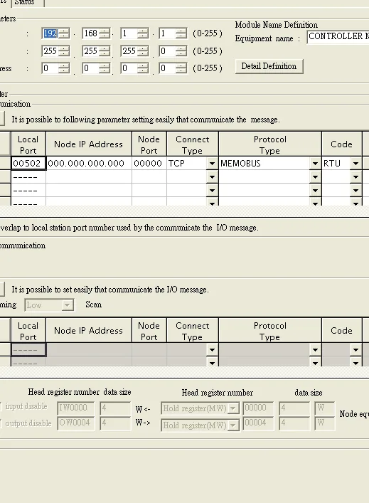 MPE720 Transmission Parameters dialog showing IP address fields and Connection Parameter table with CNO-1 configured for TCP MEMOBUS RTU on local port 502.