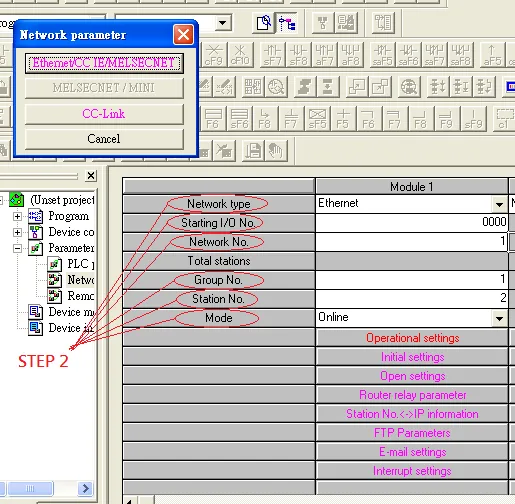 Network Parameter Ethernet Module Setup Network parameter dialog with Ethernet module fields showing Network type, Network No., Station No., and Operational settings link.
