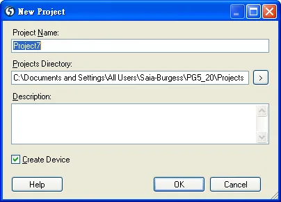 New Project dialog showing the Project Name field with Create Device checkbox checked.