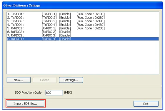 Object Dictionary Settings window listing TxPDO and RxPDO entries with enable/disable status and function codes, with the Import EDS file button highlighted.