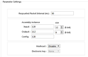 Parameter Settings dialog with Requested Packet Interval set to 50ms, Assembly instance sizes Input 120 and Output 112 in 8-bit, Multicast set to Disable, and Electronic key set to None.