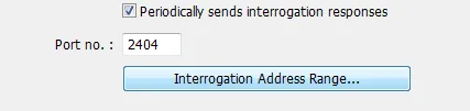 EBPro (EasyBuilder Pro) panel showing the Periodically sends interrogation responses checkbox enabled, with Port no. 2404 and the Interrogation Address Range button.