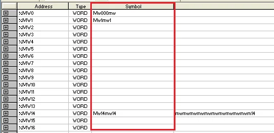 PL7 PRO variable list showing Address, Type, and Symbol columns with MW0 through MW16 WORD entries.