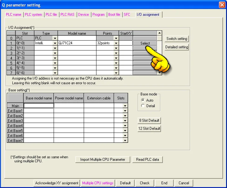 Q parameter setting dialog on the I/O assignment tab, showing slot 1 assigned to the QJ71C24 Intelligent module with the Select button highlighted.