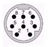 RS-232 8P Mini-DIN connector viewed from the soldering point, showing circular pin layout.