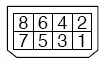 RS485 2W 8-pin connector face view showing pin numbering layout: pins 8,6,4,2 in top row and 7,5,3,1 in bottom row.