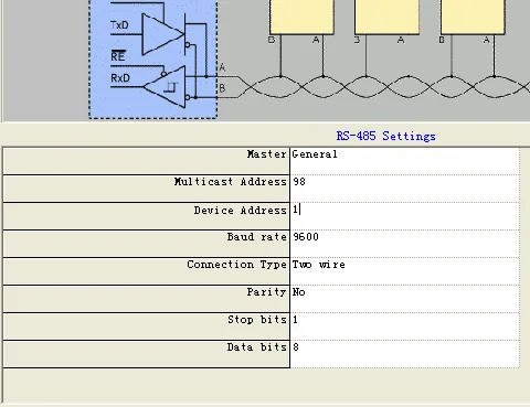 RS-485 Settings Parameters Baud Rate RS-485 Settings panel showing Master General mode with Device Address 1, Baud rate 9600, Connection Type Two wire, Parity No, Stop bits 1, Data bits 8.