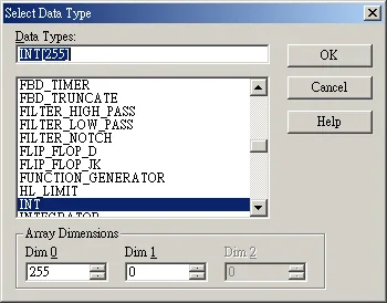RSLogix 5000 Select Data Type INT Array Select Data Type dialog in RSLogix 5000 showing INT selected with Array Dimensions Dim 0 set to 255.