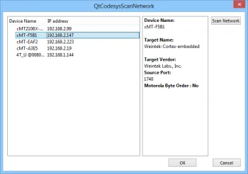 QtCodesysScanNetwork dialog listing discovered devices including cMT-F5B1 at 192.168.2.147, with Device Name, Target Vendor, Source Port, and Motorola Byte Order fields shown.
