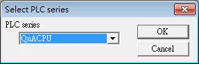 Select PLC Series QnACPU Dialog Select PLC series dialog with QnACPU selected in the dropdown.