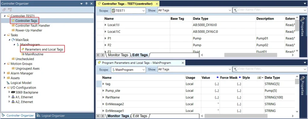 Studio 5000 Controller and Program Tags Controller Tags and Program Parameters panels in Studio 5000 showing sample tags including Pump, Fluid, and STRING data types.