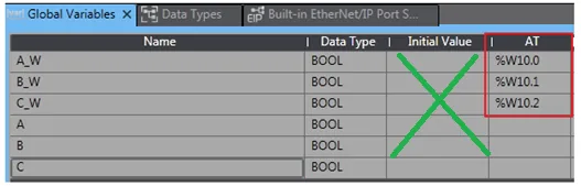 Sysmac Studio Global Variables table showing BOOL tags A_W, B_W, C_W correctly mapped to %W10.0, %W10.1, %W10.2 with a green X indicating incorrect contiguous mapping below.