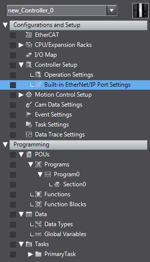Sysmac Studio project tree with Controller Setup expanded and Built-in EtherNet/IP Port Settings selected.