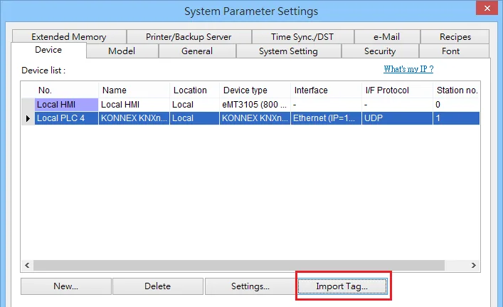 System Parameter Settings Import Tag System Parameter Settings dialog Device tab showing KONNEX KNXnet/IP device entry with Import Tag button highlighted.