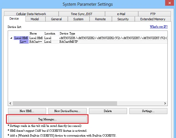 System Parameter Settings Tag Manager System Parameter Settings Device tab with BACnet/MSTP device listed and the Tag Manager button highlighted at the bottom.
