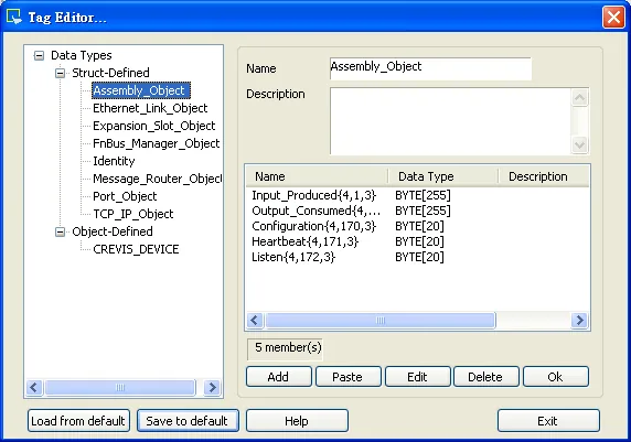 Tag Editor dialog showing the Assembly_Object selected under Struct-Defined, with five members listed including Input_Produced and Output_Consumed with BYTE[255] data types.