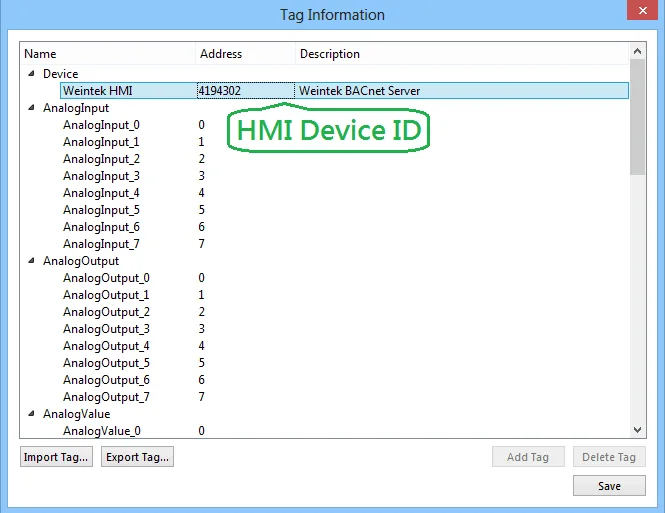 Tag Information dialog showing Weintek HMI device set to ID 4194302 with AnalogInput and AnalogOutput tags listed.