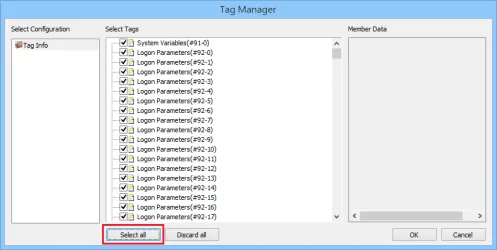 Tag Manager dialog with Tag Info configuration selected and all tag parameters checked in the Select Tags list, with the Select all button highlighted.