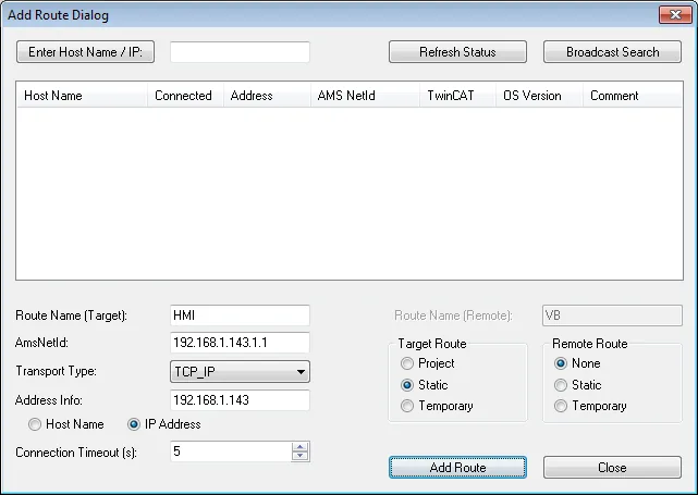 Add Route Dialog with Route Name set to HMI, AmsNetId 192.168.1.143.1.1, Transport Type TCP_IP, and Address Info 192.168.1.143.