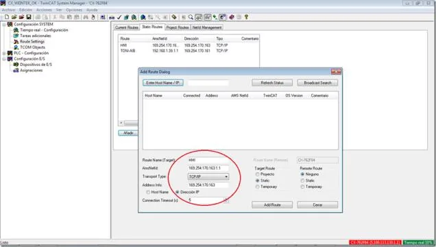TwinCAT System Manager Add Route dialog with Route Name set to HMI, AMS NetID showing 169.254.170.163.1.1, Transport Type TCP/IP, and Address Info filled with the HMI IP address.