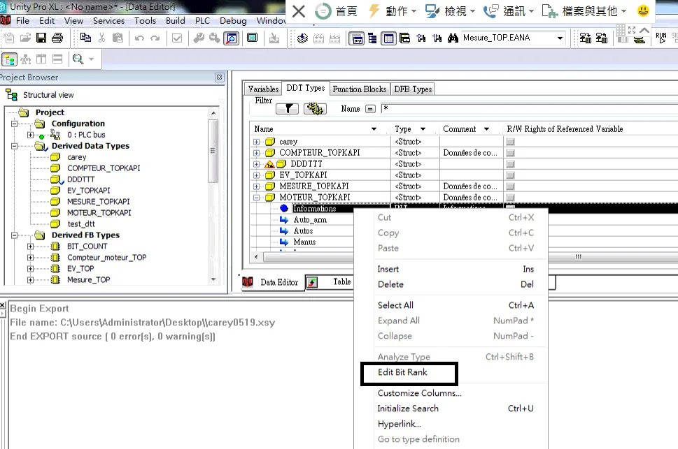 Unity Pro XL Data Editor showing DDT Types tab with right-click context menu highlighting the Edit Bit Rank option.