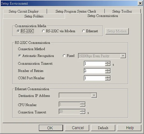 WideField Setup Environment dialog open on the Setup Communication tab, showing RS-232C selected as Communication Media with Automatic Recognition enabled.