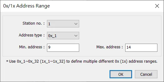 Address Range Limit dialog for 0x1 discrete input registers showing Min value set to 9 and Max value set to 14.