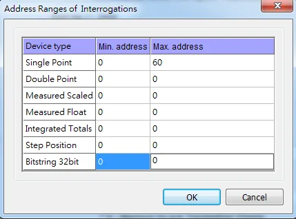 Address Ranges of Interrogations dialog showing device types including Single Point, Double Point, Measured Scaled, Measured Float, Integrated Totals, Step Position, and Bitstring 32bit, each with Min. address and Max. address columns. Single Point is configured with Min. 0, Max. 60.